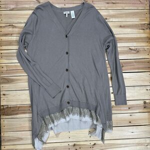 LOGO Gray Cashmere Blend Lace Trim Cardigan Sweater Size‎ L Lagenlook Cabincore